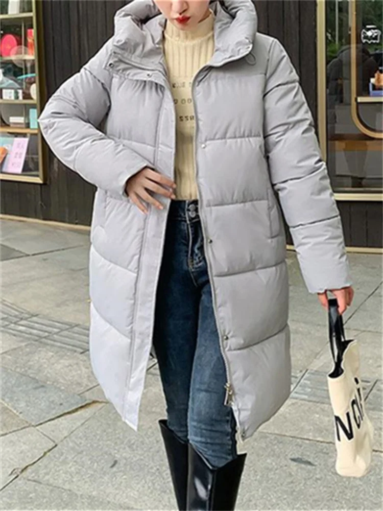 Imagem -04 - Parkas de Manga Comprida Feminina com Capuz Cabolsa Longo Grosso Quente Cabolsas Casuais Monocromáticos Moda Coreana Outono Inverno Novo