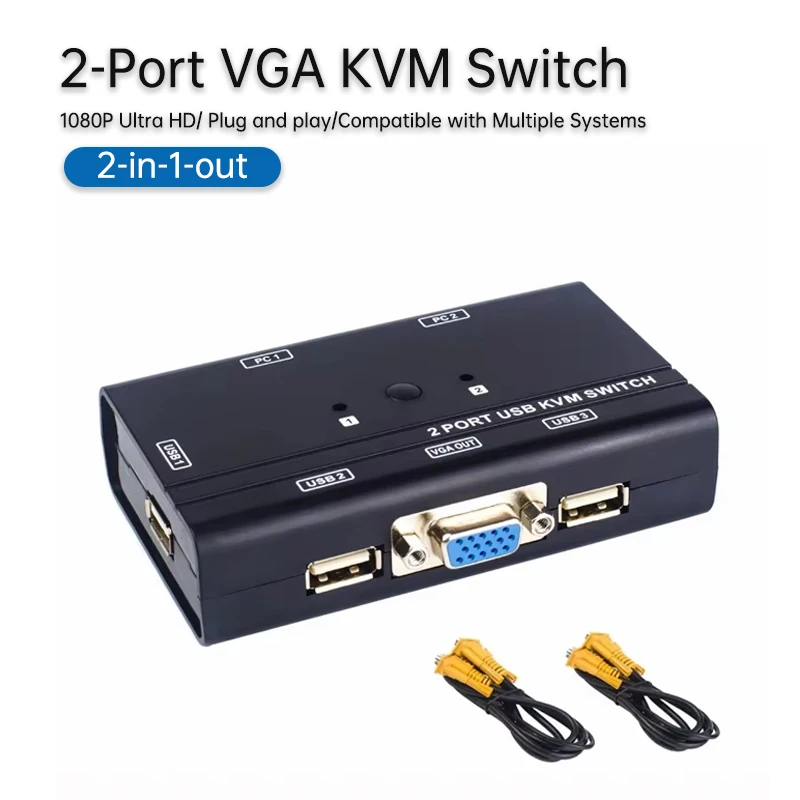 2 Port USB KVM Switch Manual Control 2 PC Hosts by 1 Set of USB Keyboard Mouse and VGA Monitor Multi PC Manage Original Cable