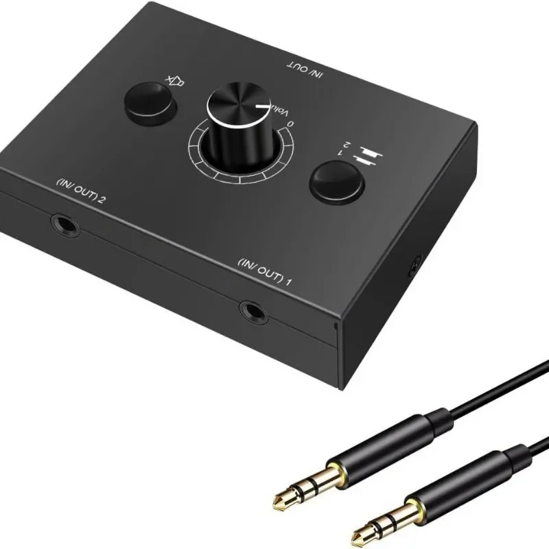 3.5mm Stereo Audio Switch 2x1/1x2 Bi-Directional Switcher with Mute Button Support Computer Monitor Power Splitter TV Box