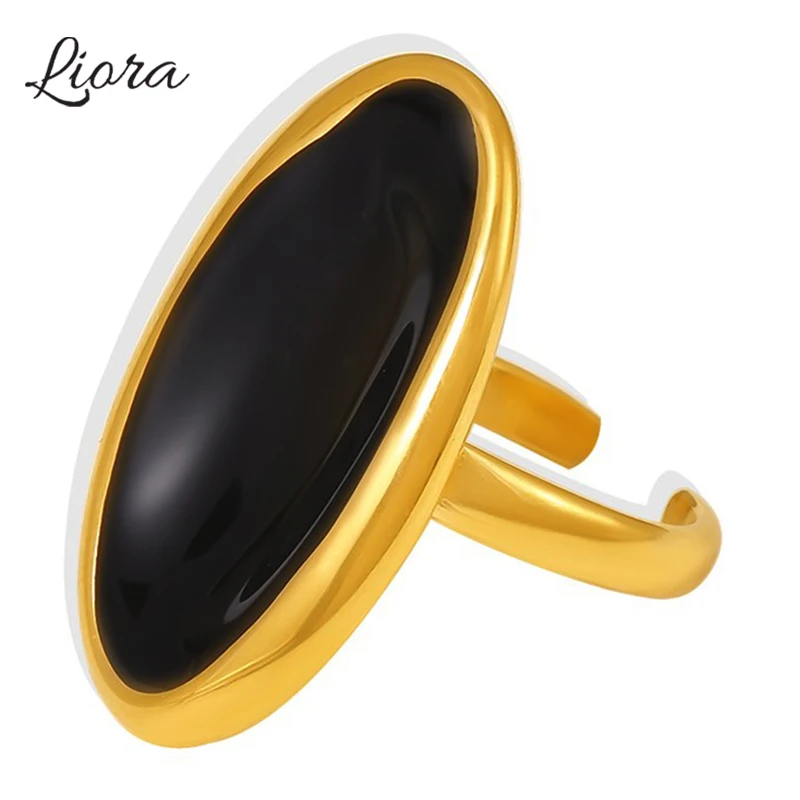 

Liora Creative Black Enamel Rings For Women 316L Stainless Steel Oval Surface Opening Cocktail Rings Waterproof Fashion Jewelry