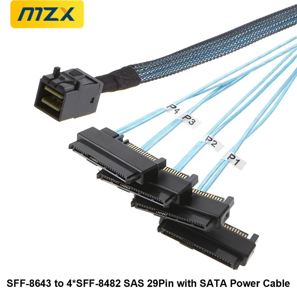 MZX SFF-8643 to 4 SFF-8482 with 29Pin SATA Power Connector Mini-SAS to SAS Cable 2-in-1 Adapter 50cm/1.64ft Computer Hardware