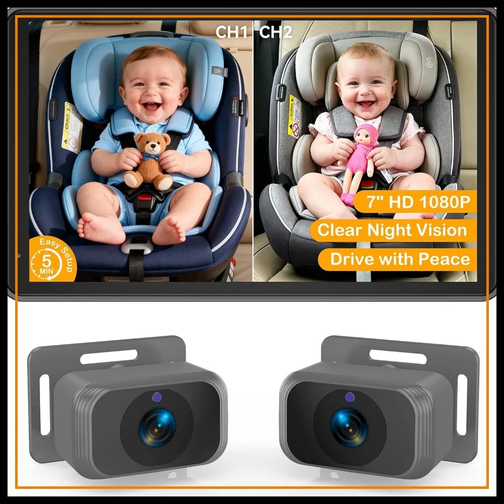 

7-Inch Dual Baby Car Camera, Split Screen, 1080P Night Vision, 360° Rotatable, Easy Install