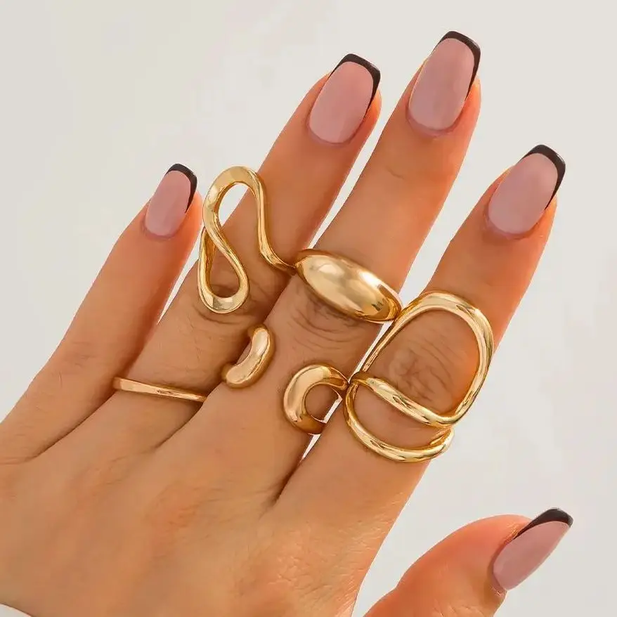 SHIXIN 5 Pcs Creative Gold Color Hollow Geometric Open Rings Set for Women Hip Hop Smooth Metal Adjustable Finger Joint Rings