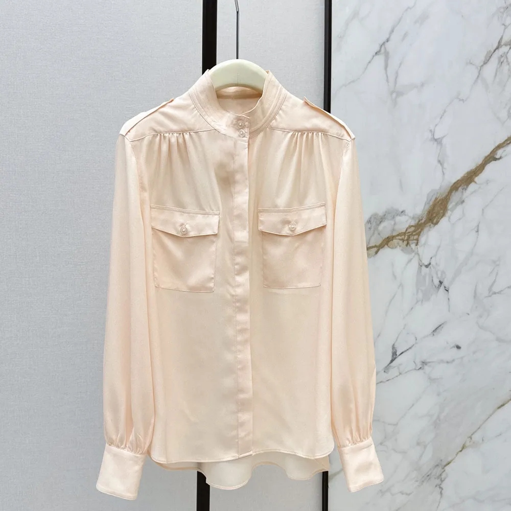 

Высококачественная женская рубашка с двойными карманами и декоративным воротником-стойкой, коллекция весна-лето 2026, модель xy150447