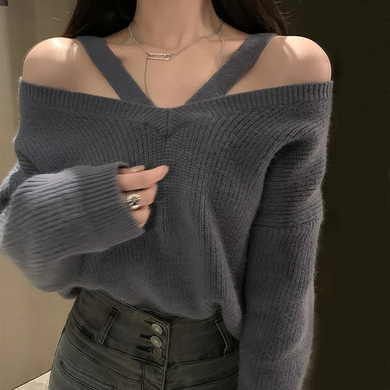 

2023 Autumn and Winter Knitted Pullover Women Sweaters Fashion Sexy Off Shoulder V Hanging Neck Sweater Women Jumper Tops 28825