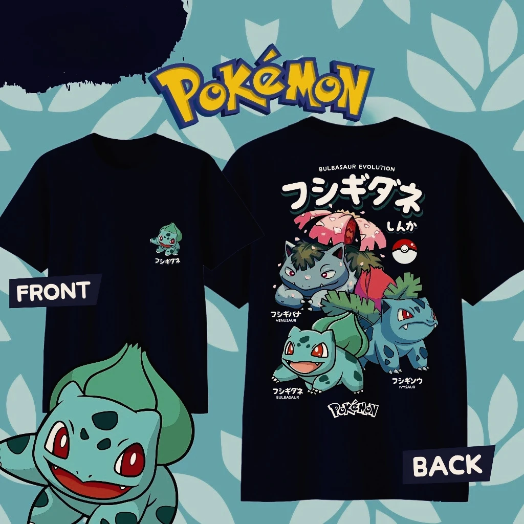 Camiseta de algodón con estampado de Pokémon Bulbasaur Evolution, ropa Harajuku de verano para hombres y mujeres, camiseta informal de moda para calle