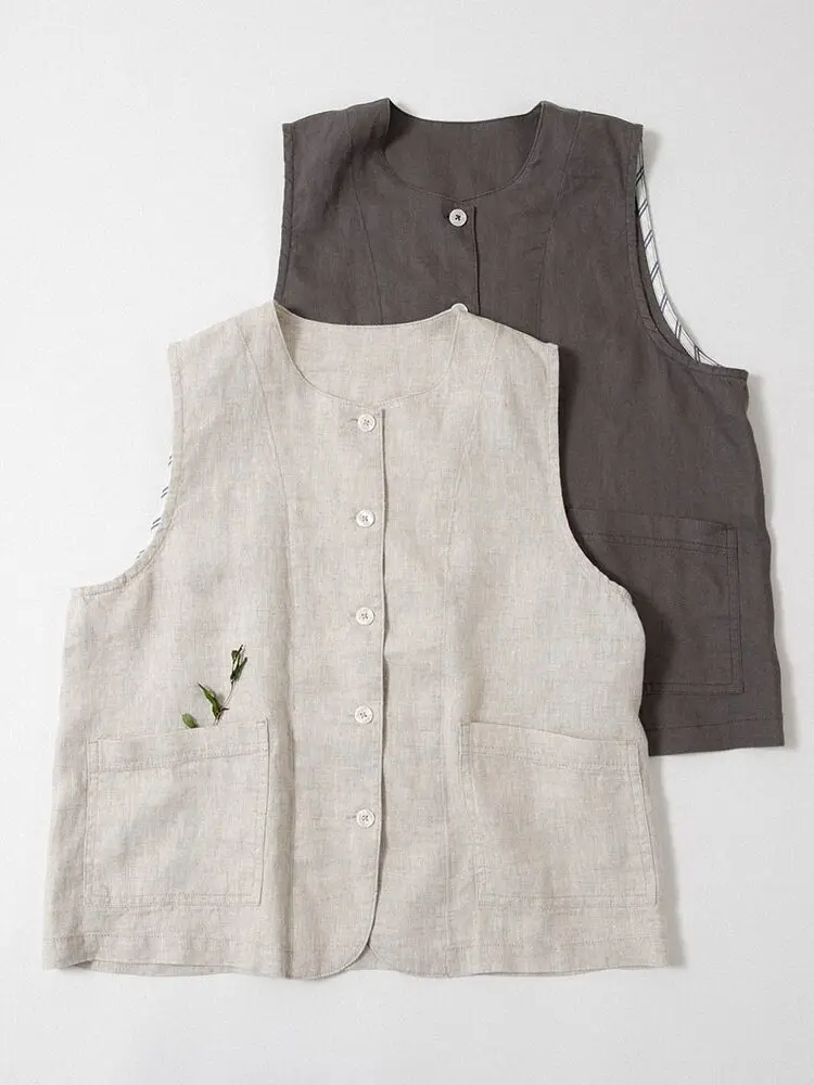 ชุดเสื้อกั๊กและกางเกงผ้าลินินสไตล์เรโทรทรงหลวมสบายๆ สำหรับผู้หญิง แฟชั่นฤดูร้อน ชุดสองชิ้น ทรงกลม ความยาวเจ็ดฟุต