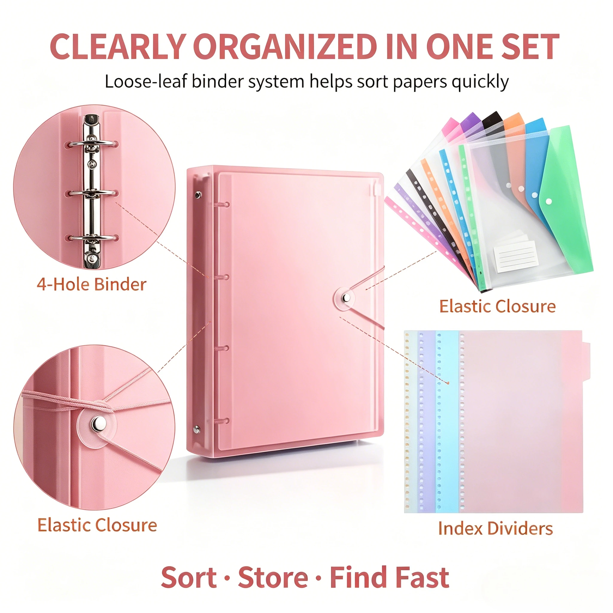 11Pcs A4 File Organizer Kit, PP Loose Leaf Folder + 11-Hole Expandable Pockets&Dividers, Portable Storage for School Home Office