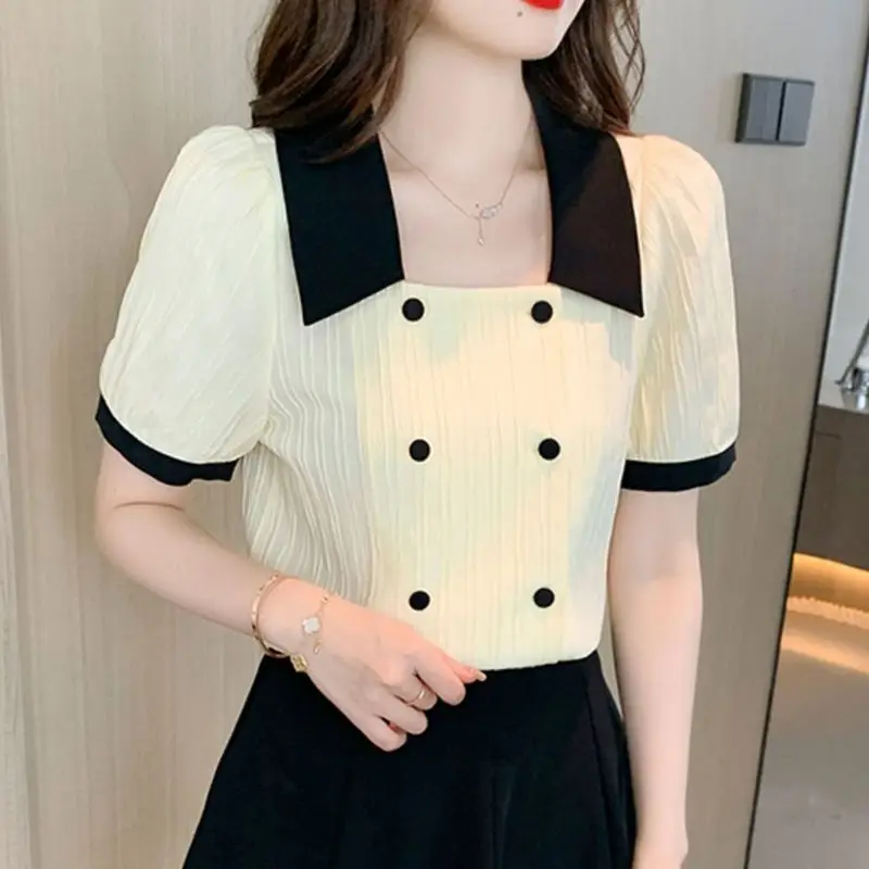 Women Trendy Contrast Color Sweet Chic Shirts Vintage Elegant Square Collar Blouses Casual Short Sleeve Tops 2024 Summer Blusas