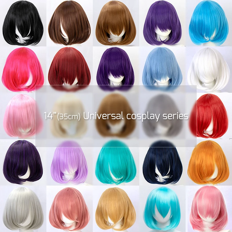 35cm Short Straight Hair with Bangs Synthetic Pink Red Blue Purple Lolita Cosplay Wig for women Hair extensions Bob cut MUMUPI