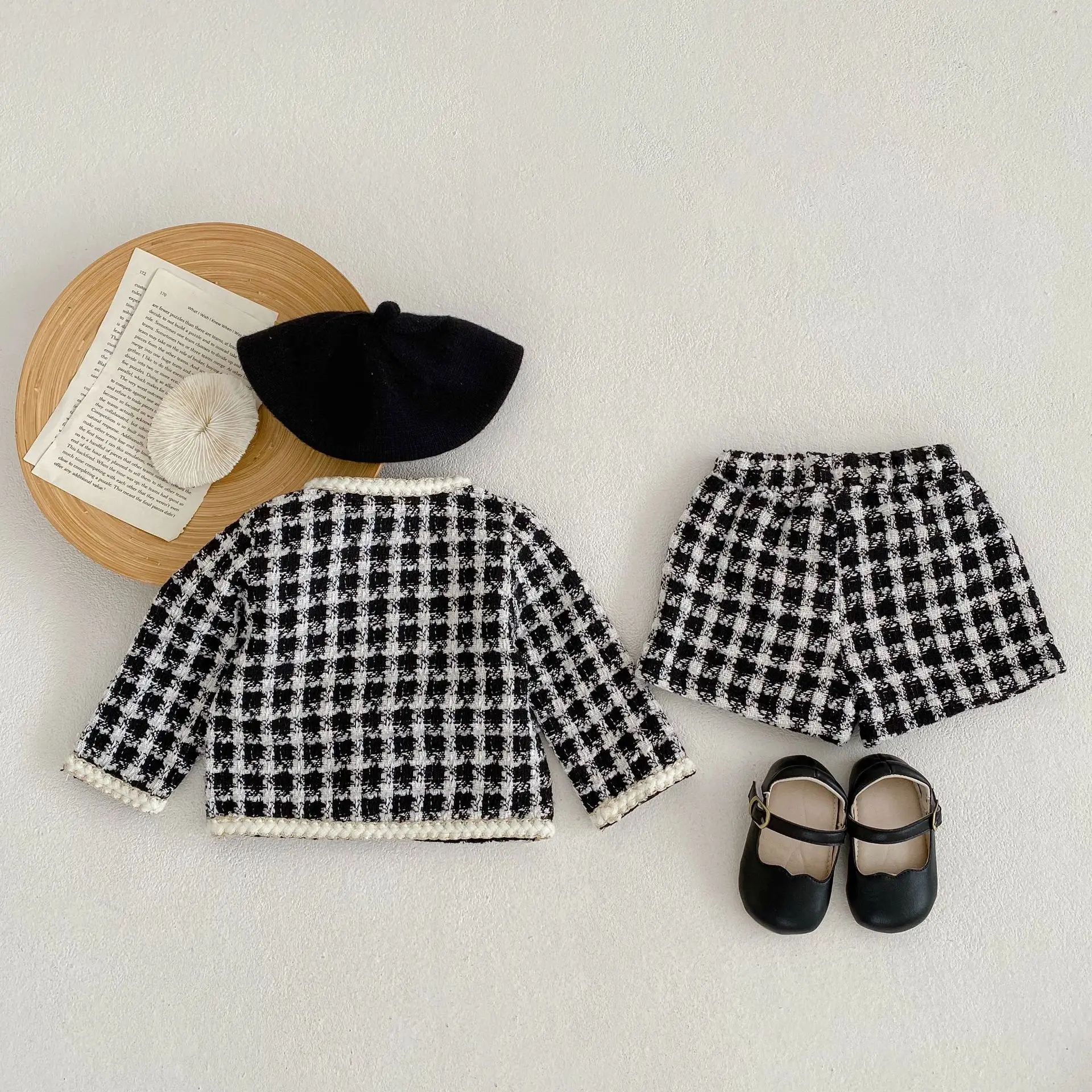 Instagram Spring and Autumn Clothing Infant and Toddler Girl Baby Thick Plaid Long sleeved Shirt Open Coat+Short Pants Two Piece