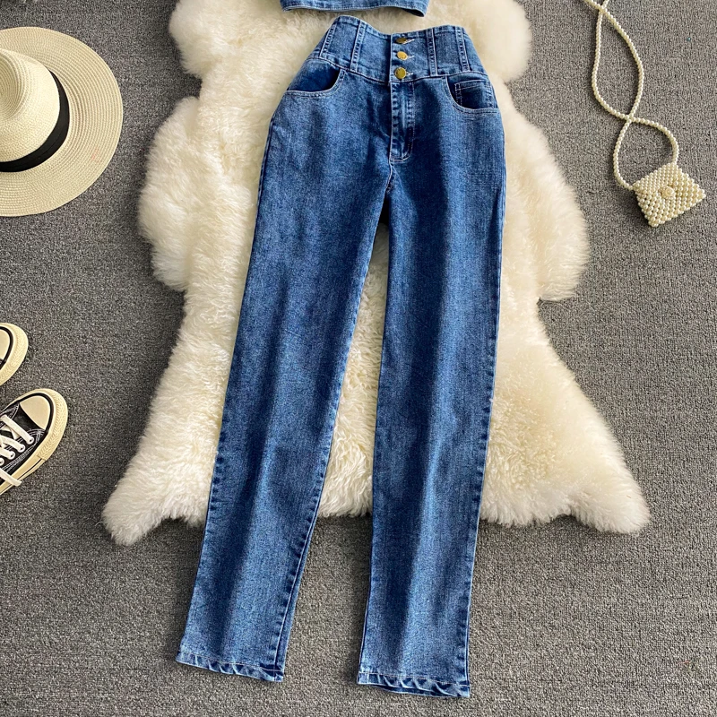 Cool Denim Pants Set For Women Spaghetti Strap Blue Tank Tops+High Waist Slim Straight Jeans Female Summer Fashion Pant Suits