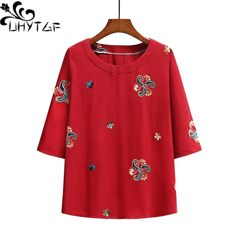 

UHYTGF 6XL Oversized T-Shirt Womens Middle-Aged Elderly Mother Summer Sets Female Fashion Embroidered Pullover Thin Top Lady 303