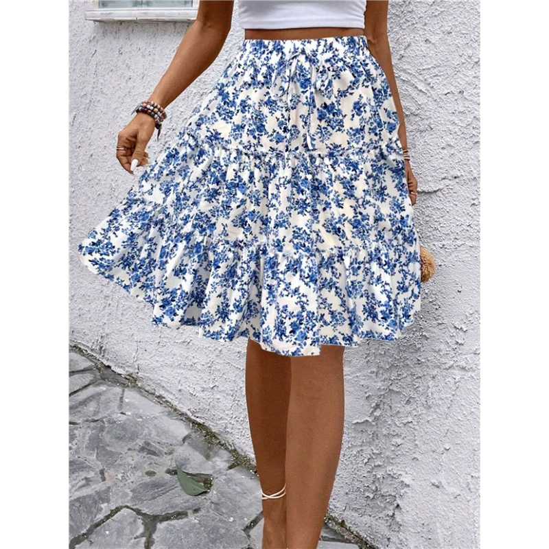 ABP-Women's Floral Print Ruffle Hem Elastic High Waist Tie Front Skirt