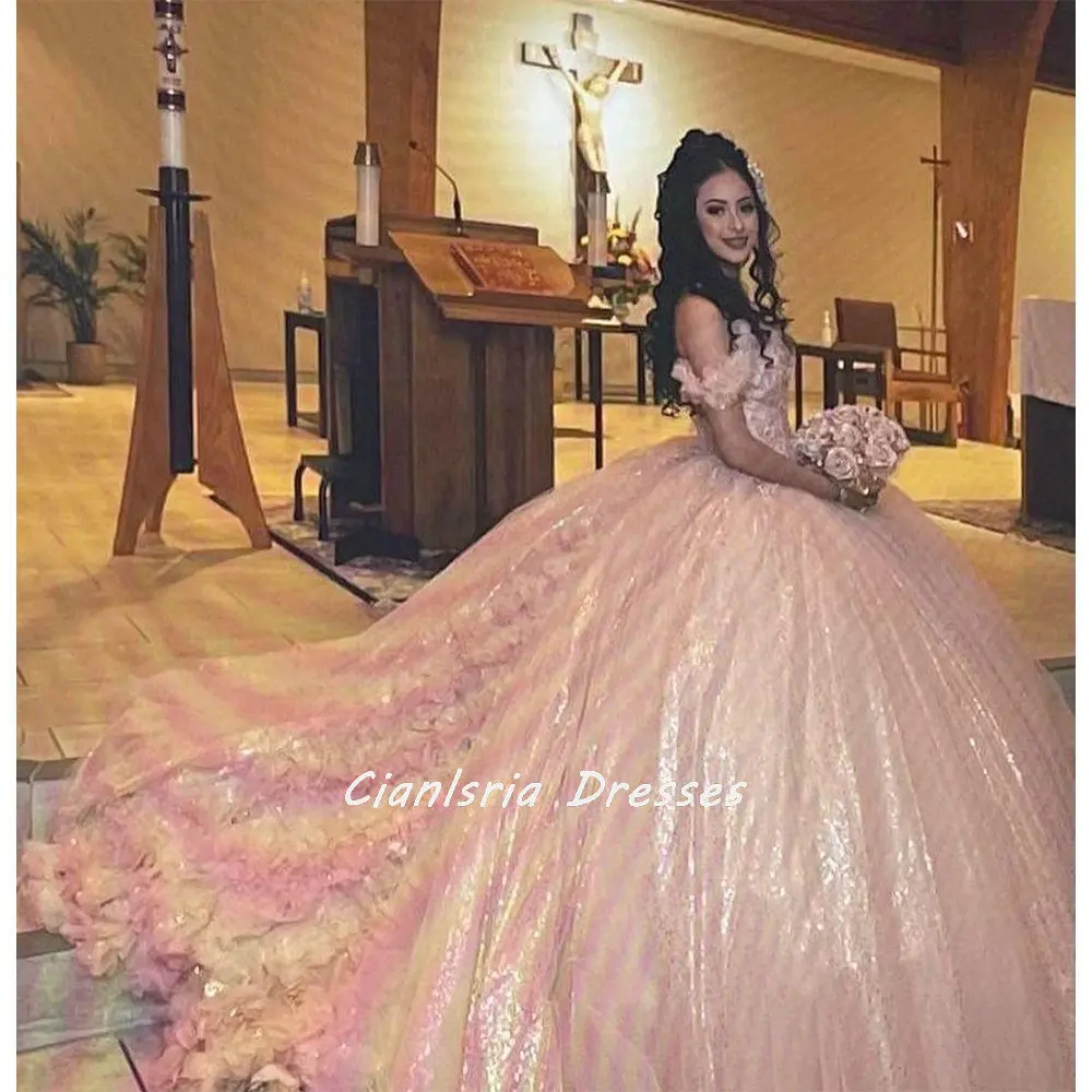 Vestido De quinceañera rosa con apliques De flores en 3D, vestido De baile sin hombros, corsé De cristal brillante, corsé, Vestidos De XV Años