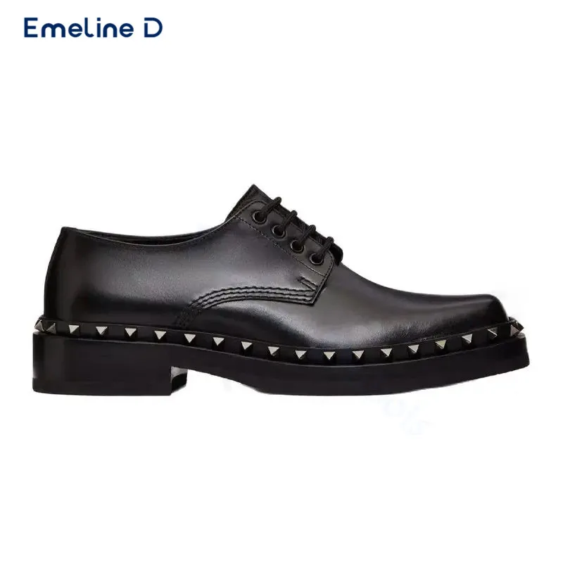 

Studded Square Toe Black Leather Slip-On Lace-Up Formal Men's Shoes with Thick Heels Trendy Casual Business Large Size Shoes