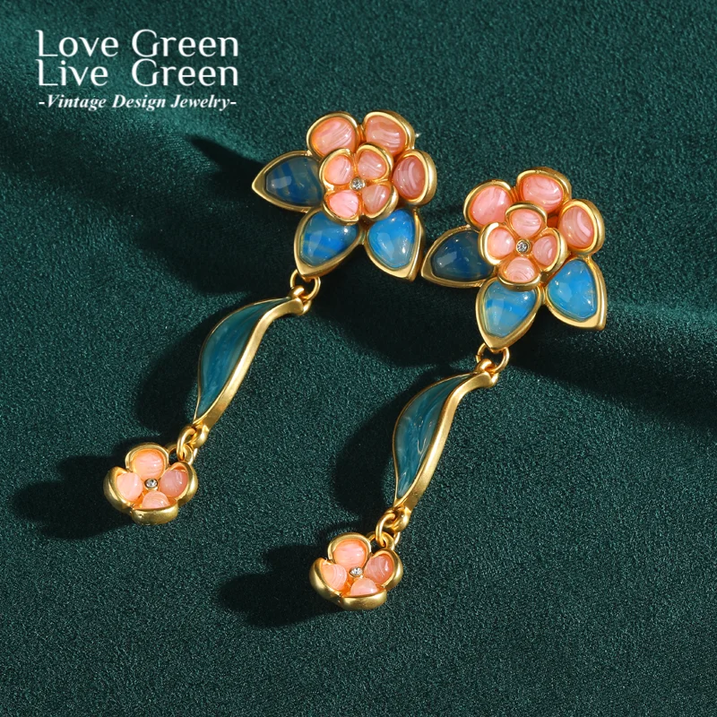 

Винтажные длинные серьги с розовым цветком из натурального камня, подвеска из синего стекла, роскошные дизайнерские ювелирные аксессуары для женщин, новинка 2023 года