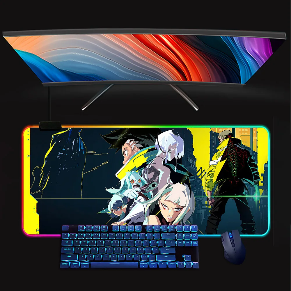 C-Cyberpunk Anime E-Edgerunners RGB Pc Gamer Tastiera Mouse Pad Mousepad LED Incandescente Tappetini per mouse Gomma Gaming Computer Mausepad