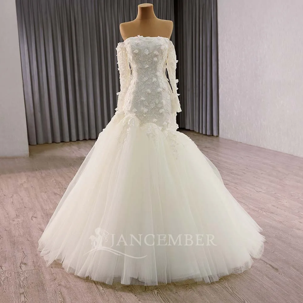 Customized Mermaid Lace Wedding Dresses Elegant Applique Long Sleeve Bride Dress Court Train Bridal Gown vestidos de novia