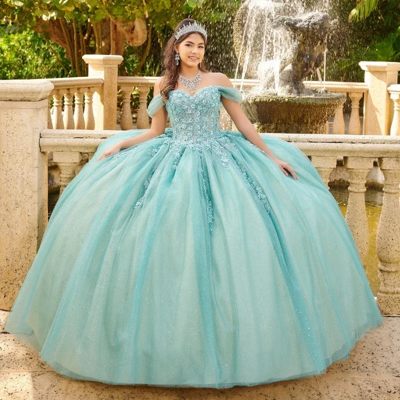 

Angelsbridep Shiny Tulle Water Blue Ball Gown Quinceanera Dresses Beading Appliques Evening Party Dress Vestidos De Graduación