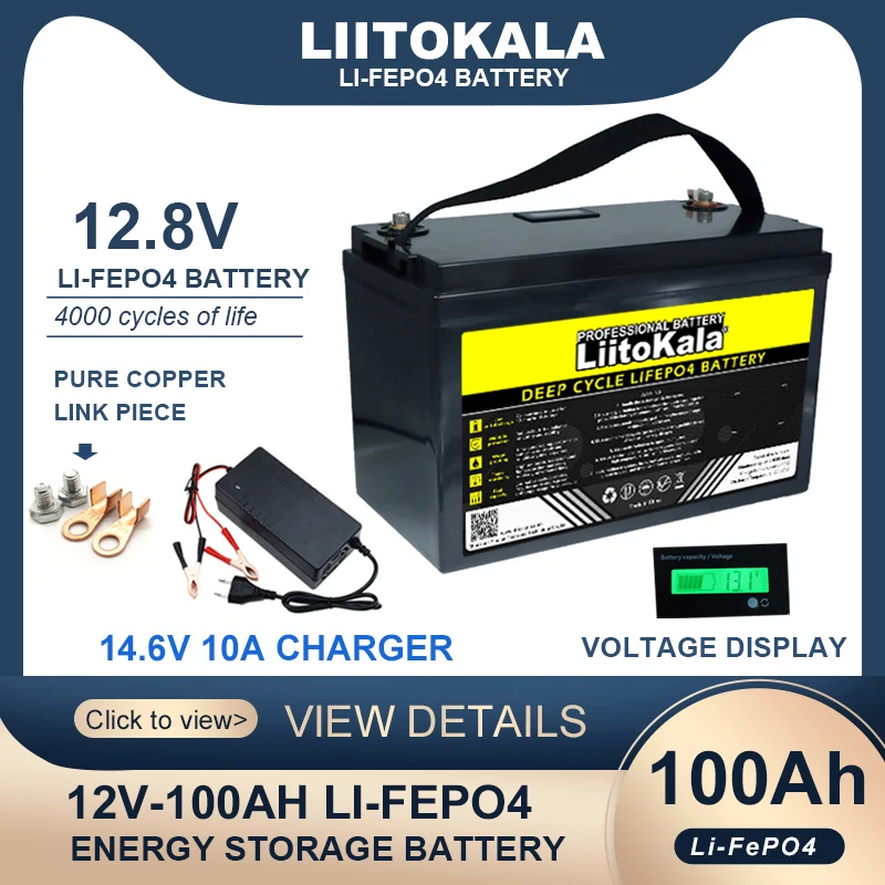 LiitoKala 12.8V 100AH LiFePO4 Battery 12V Lithium Iron Phosphate Batteries Cycles inverter Car lighter duty-free