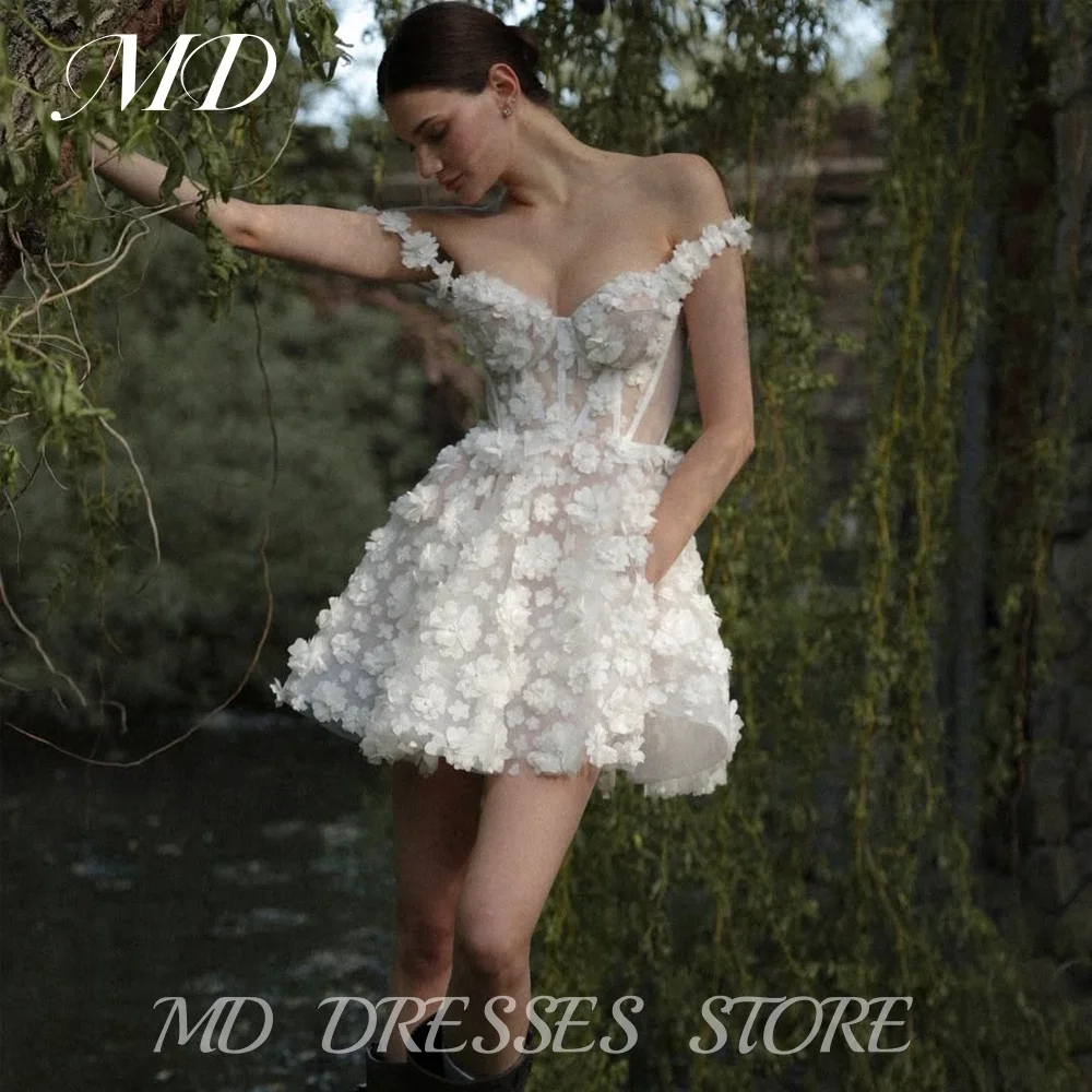 

MD Modern Off Shoulder 3D Lace Flowers A-line Short Wedding Dresses Mini Bridal Gown Zip Back Vestido De Noiva Customized 2025