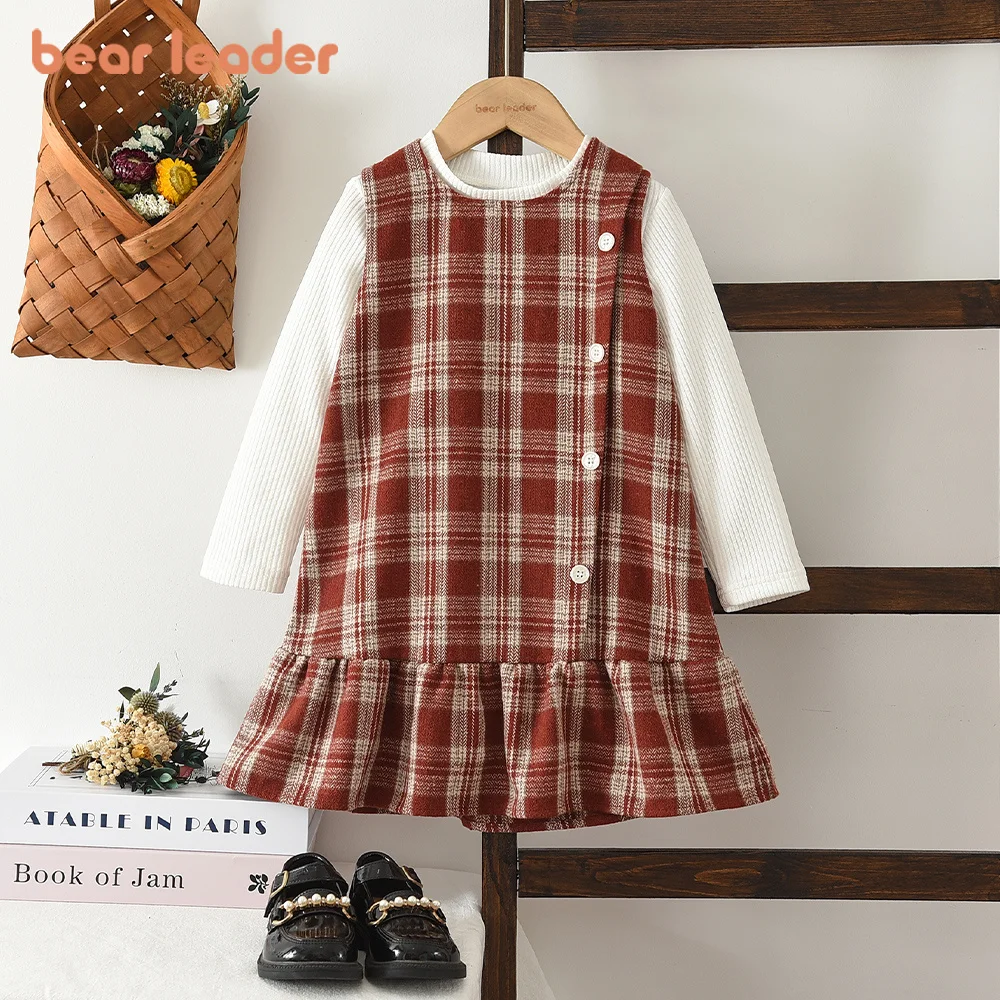 Bear Leader Korean Fashion Christmas Kids Clothes Autumn Girls Sweet Two-piece Set Checkered Vest Dress + White Long Sleeved Top