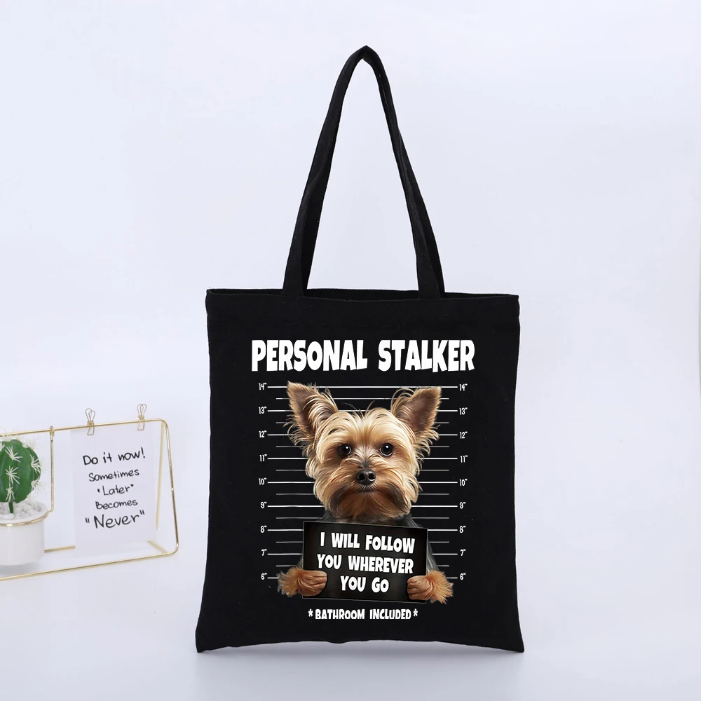Pet Lovers' Yorkshire Terrier Graphic Black Canvas Tote Bag with Slogan Print, Casual Daily Shopping Bag