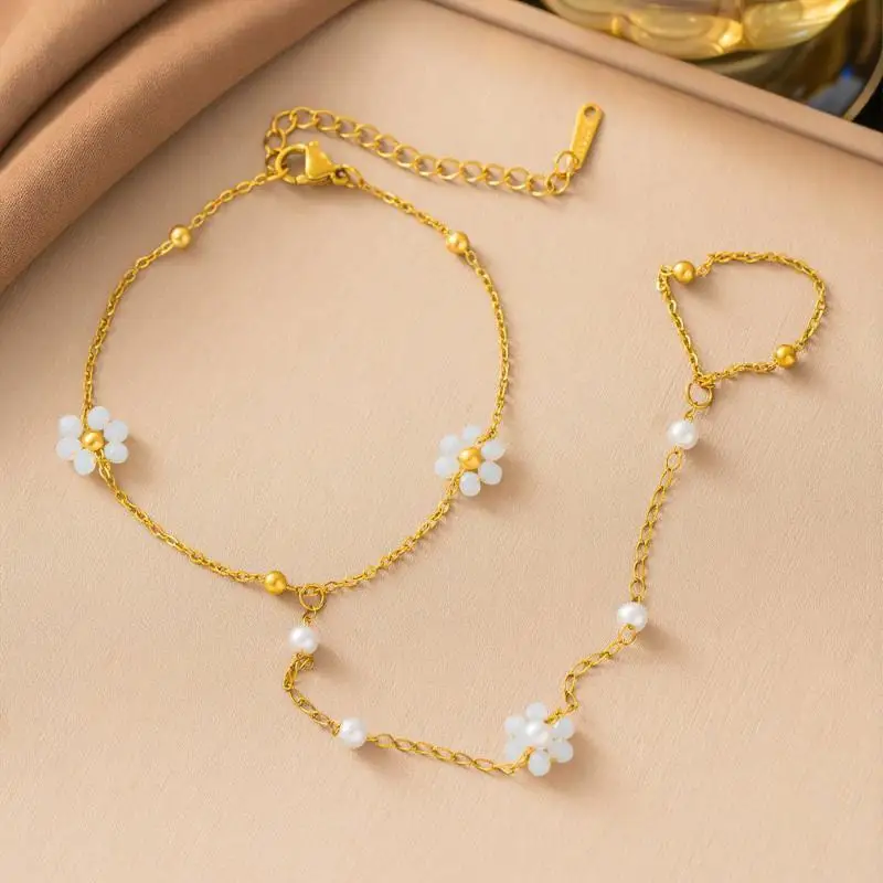Sweet Floral Colorful Crystal Beaded Flower Stainless Steel Gold Color Finger Wrist Integrated Chain Bracelet For Women Jewelry