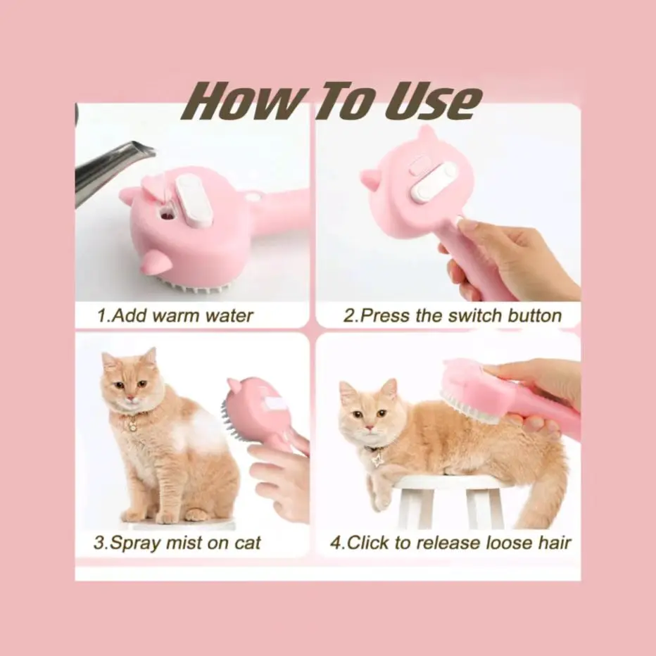 Cat Steam Brush for Shedding, 4 in 1 Steamy Cat Brush with Handle, Rubber Pet Misting Brush with Release Button(Pink)