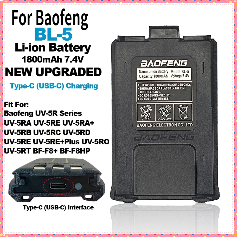 

BL-5 Li-ion Battery Upgraded Support Type-C Charging 1800mAh 7.4V For Baofeng Walkie Talkie UV-5R Series Two Way Radio Accessory