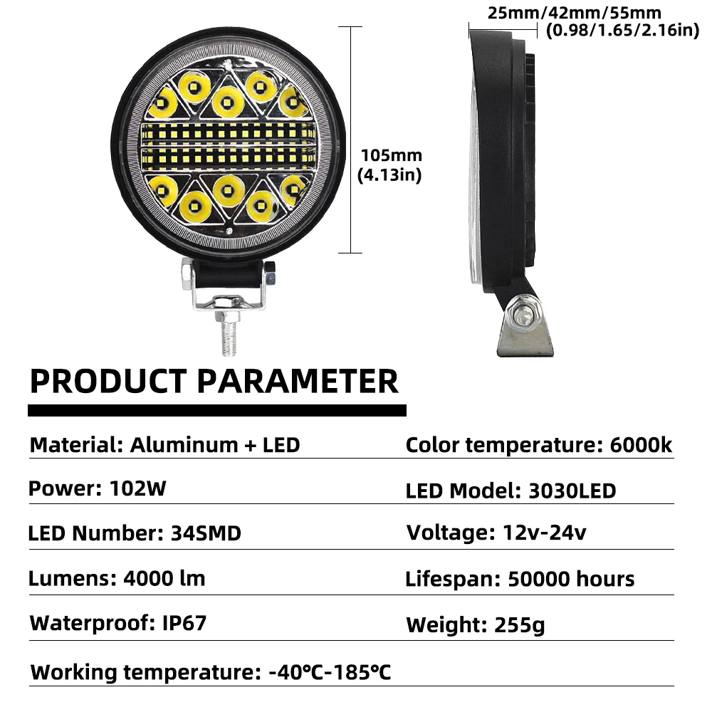 1/2 Stück 102W Auto-Arbeitsscheinwerfer 12V 24V DRL Scheinwerfer 34SMD Tagfahrlicht 6000K Weißer Spotlight für Offroad-Truck ATV UTV – Detail 5