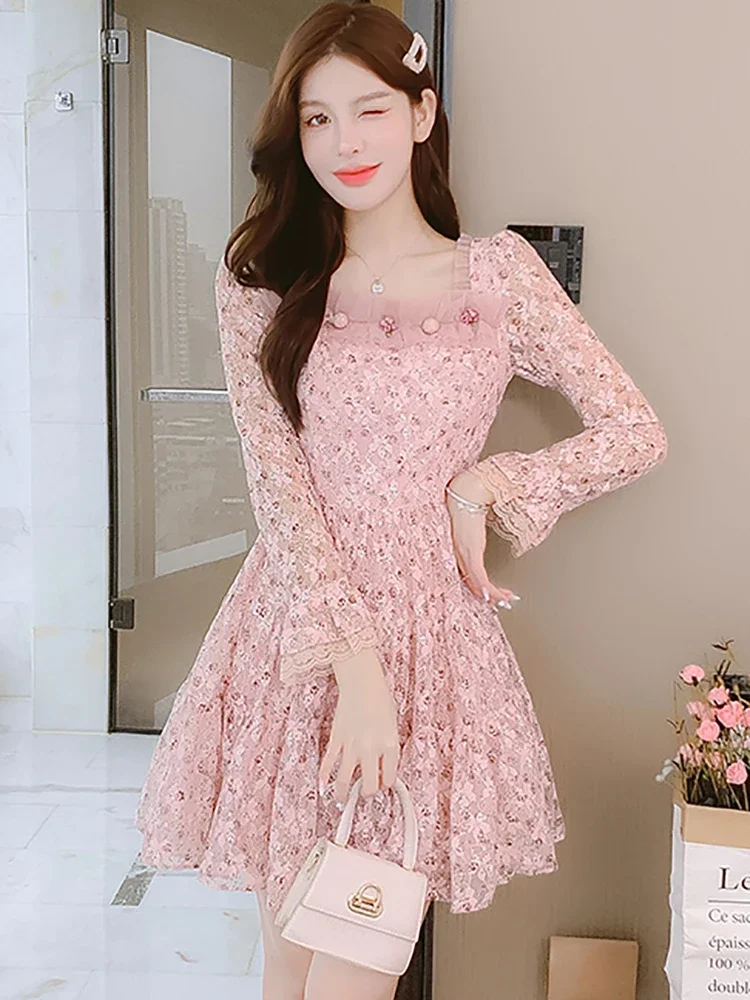 

Women Pink Lace Floral Long Sleeve Mini Dress Spring Chic Elegant Ruffled Sqaure Collar Kawaii Dress 2024 Korean Fashion Dresses