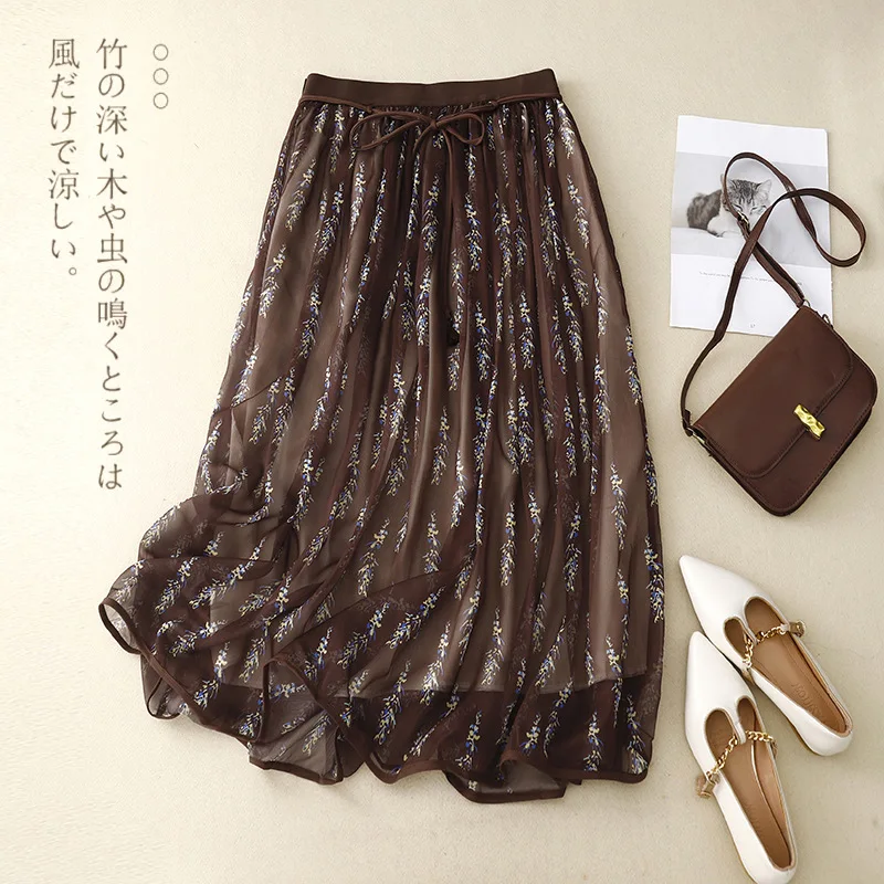 Women Summer Korean Style Vintage Floral Print Chiffon Skirts Retro Lace Up Waist Casual Loose Midi Length A-line Pleated Skirt