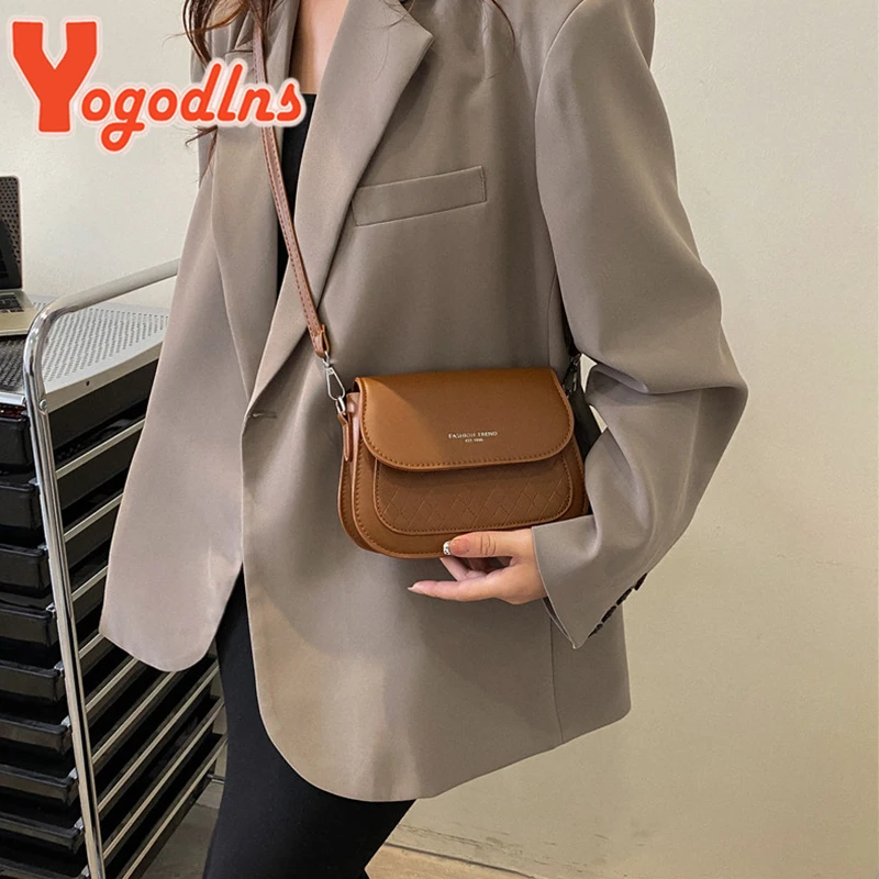 Yogodlns Luxury Flap Saddle Shoulder Bag For Women PU Leather Messenger Bag Vintage Brand Ladies Crossbody Bag Small Square Bag