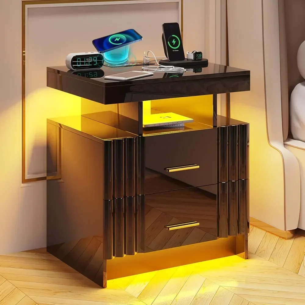 Nightstand Set of 2 with Charging Station, LED Night Stand with 3 Drawers, Bedside Table with Auto Sensor 24-Color Light