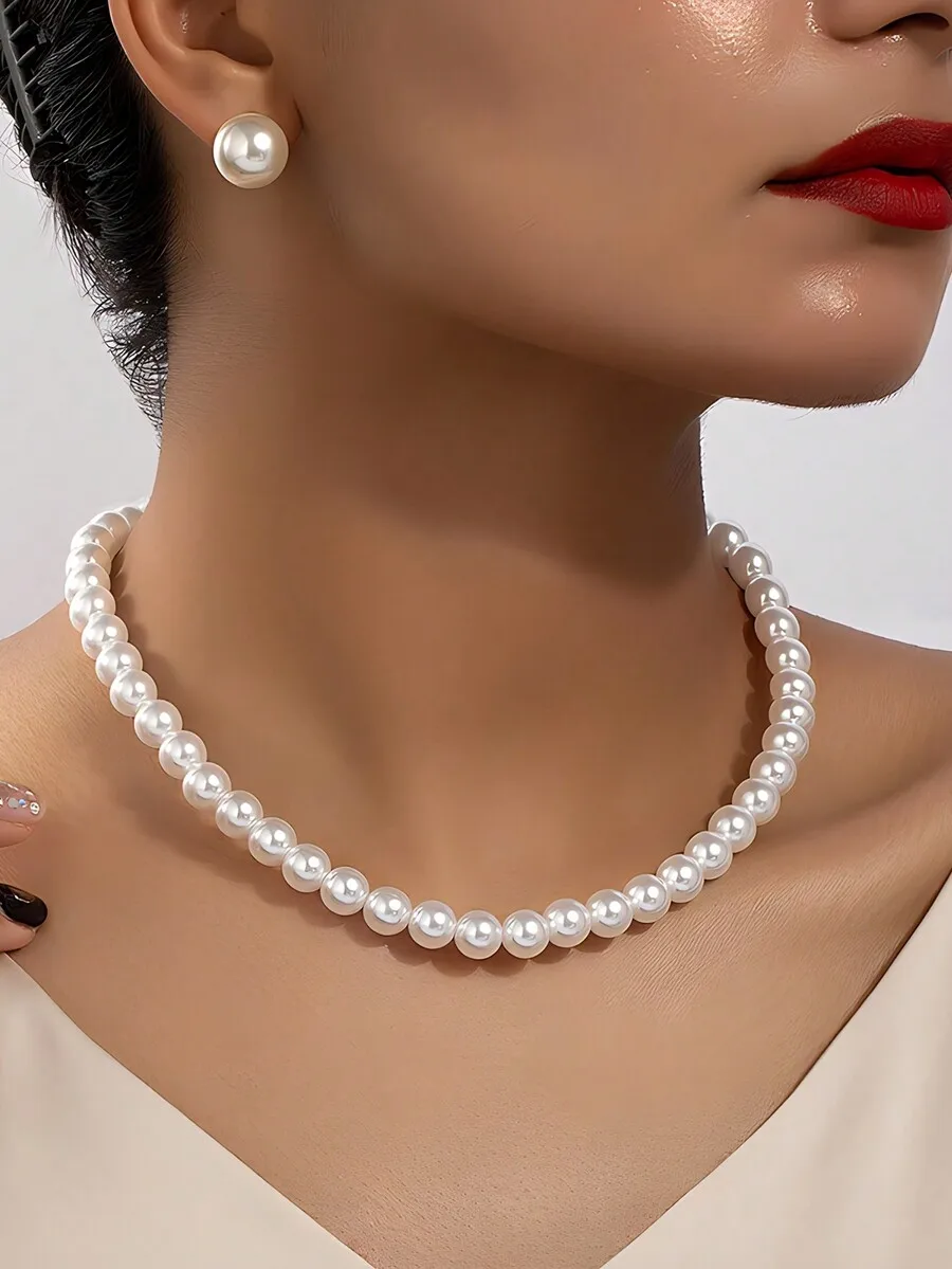 Faux Pearl Necklace And Earrings Set Minimalist Daily Wear Vintage Collarbone Chain For Women