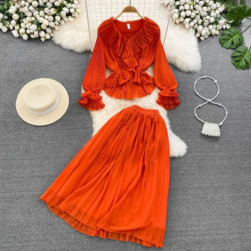 

Fashion Women's Dress Sets Sweet V-Neck Ruffled Flare Sleeve Top +High Waist Pleated Half Women's Skirt Slim Two Piece Tide