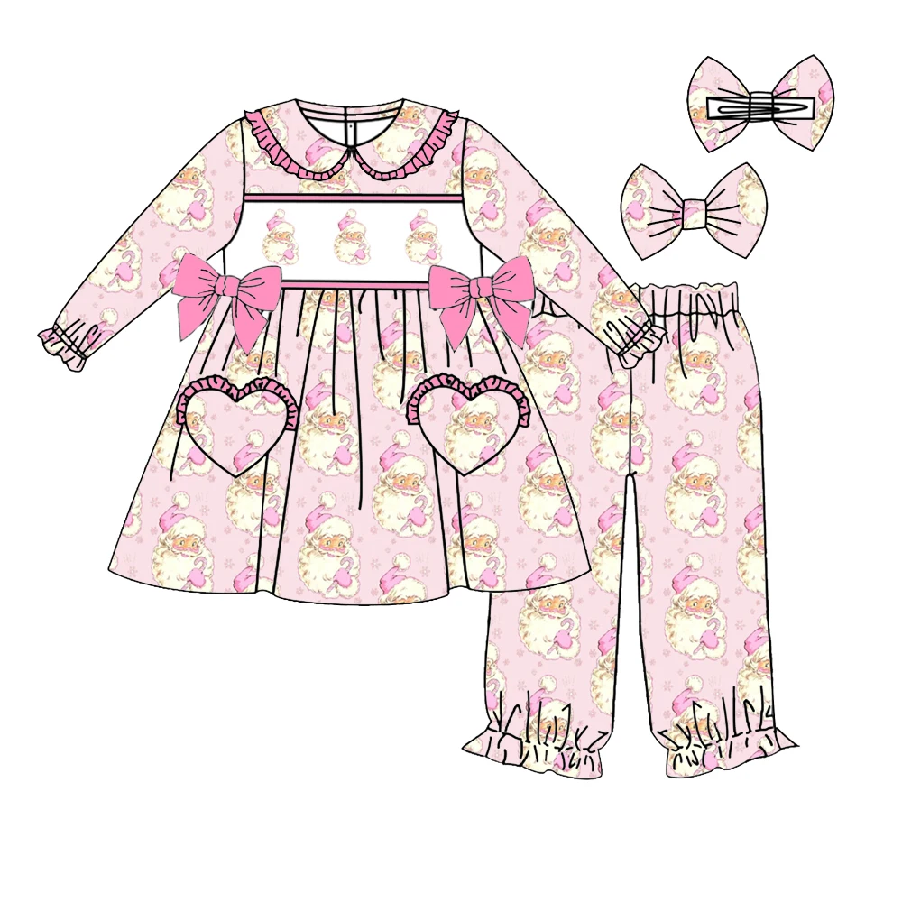 New Christmas Series Girls Long-Sleeved Bow Trousers For Girls Candy Bow Printed Baby Robe 3-Piece Set Boutique Children's Set