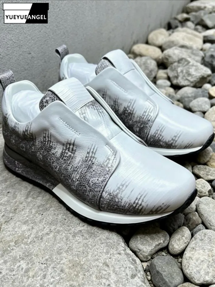 Retro Lizard Skin Solid Color Round Toe Male Daily Wearing Sneakers Breathable Genuine Leather Elastic Band Casual Shoes