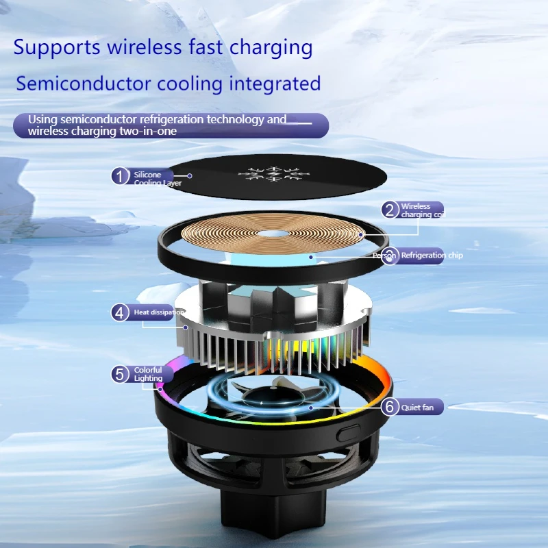 Refrigeration Cooling Fan Radiator 15W Magnetic Wireless Electric Flexible Car Charger Breathing Atmosphere Lights Phone Mount