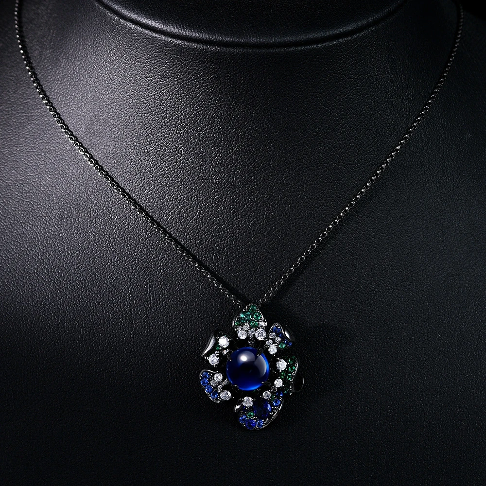 Wong Rain Vintage 100% 925 Sterling Silver 5CT Sapphire High Carbon Diamond Gemstone Flower Pendant Necklace for Women Jewelry