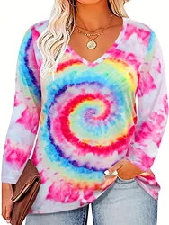 Plus Size Casual T-shirt Women's Plus Tie Dye Colorful Long Sleeve V Neck Slight Stretch T-shirt Clothing