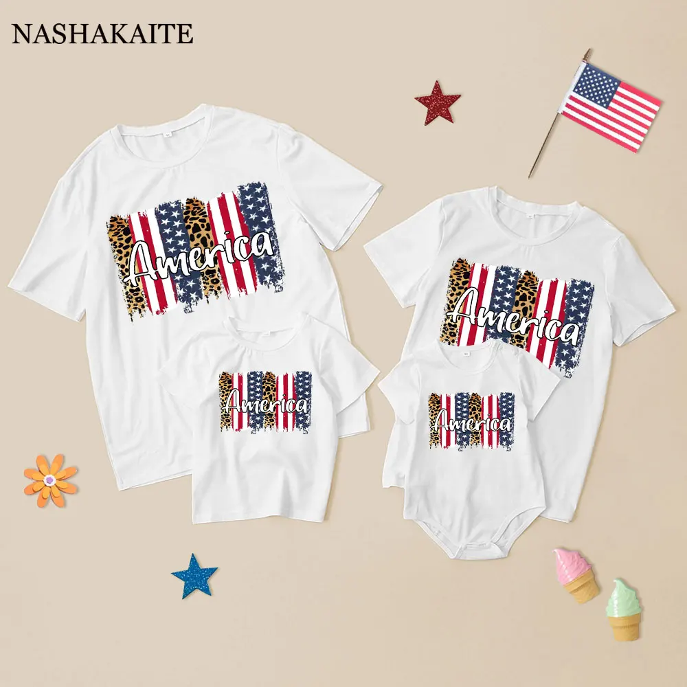 Independence Day Family Matching Outfits T-shirts Leopard print Short Sleeve T-Shirts Father Son Mom Daughter Baby Family Look