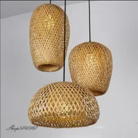 Bamboo Lampshade Led Pendant Lamp Natural Rattan Wicker Ceiling Chandeliers Hand Woven E27 Lighting Fixtures Hanging Light