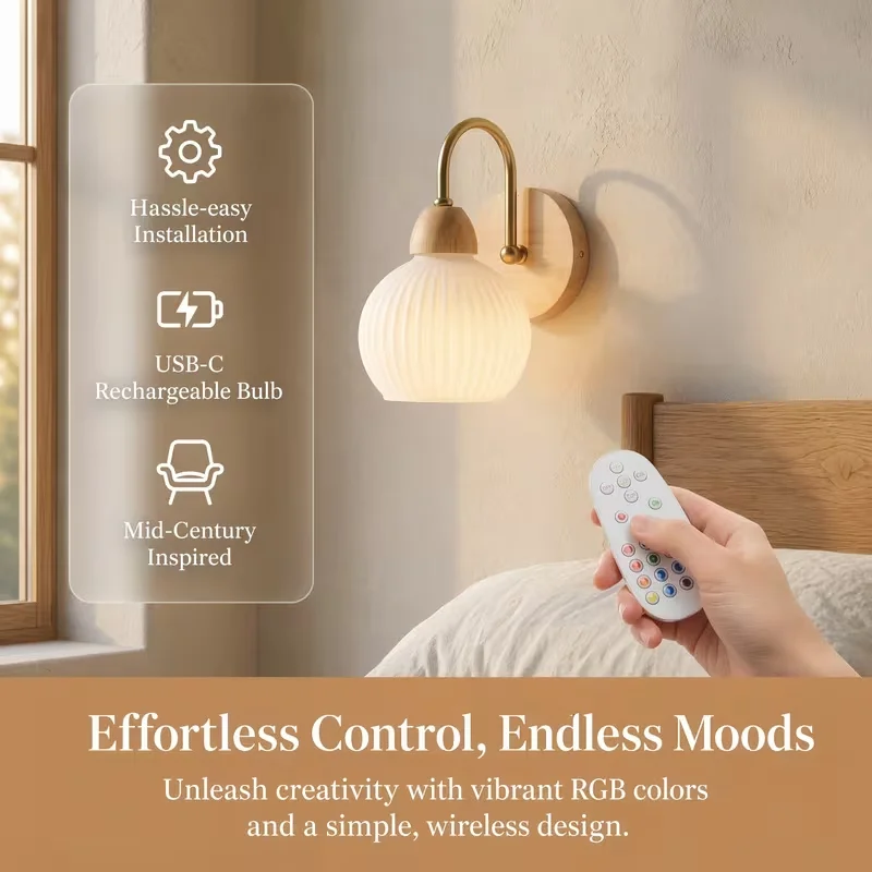 Cordless Wall Sconces with Rechargeable LED Bulbs RGB Colors USB-C Rechargeable Bulb Wireless Freedom and 3 Color Temperatures Dimmable Wireless Wall Lights with Wood Base Golden Metal Arm And Ribbed Glass Shade for Bedroom Living Room Hallway