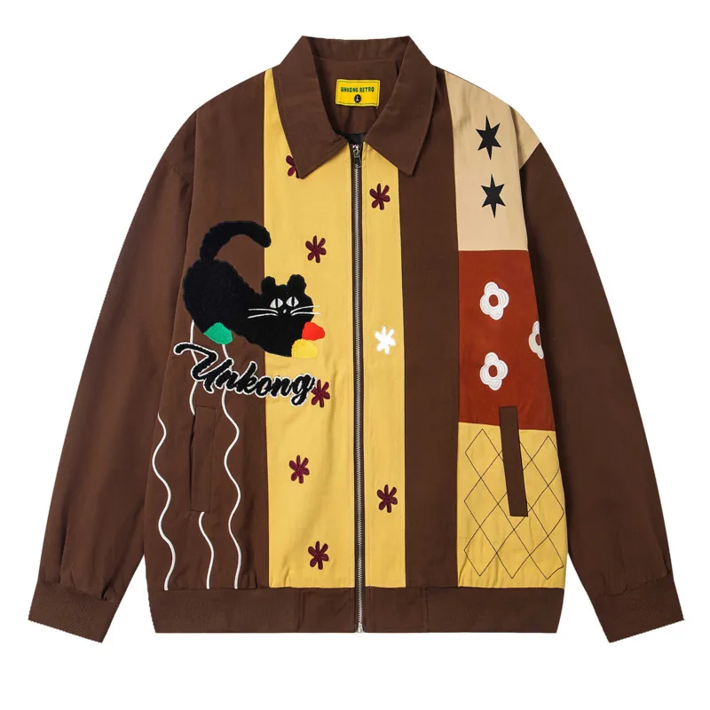 Autumn and winter American retro fun cartoon embroidery contrasting color lapel loose jacket for couples versatile jacket