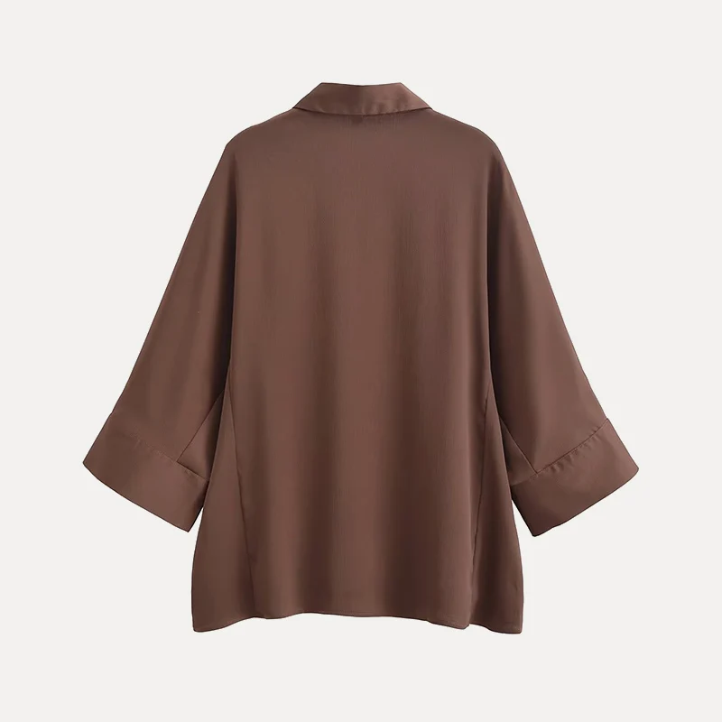 Primavera 2025 Donna Sciolto Lungo Sve irt Colletto alla coreana Bottone Frontale Pieghettato Raso Spacco laterale Fibra di poliestere Versatile Sle