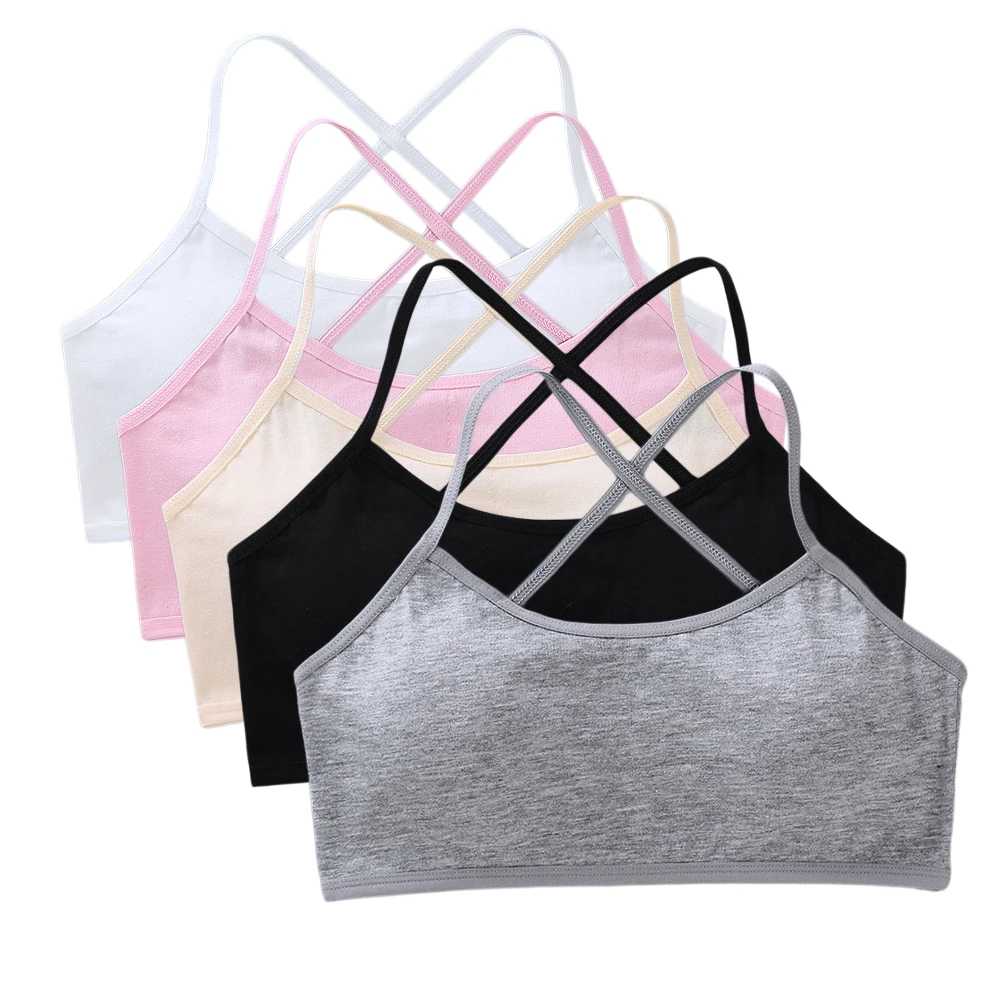 5PCS Cotton Girls Bra Set Removable Sponge Cup Breathable Training Bras for Puberty Teenage Girls Young Children Underwear