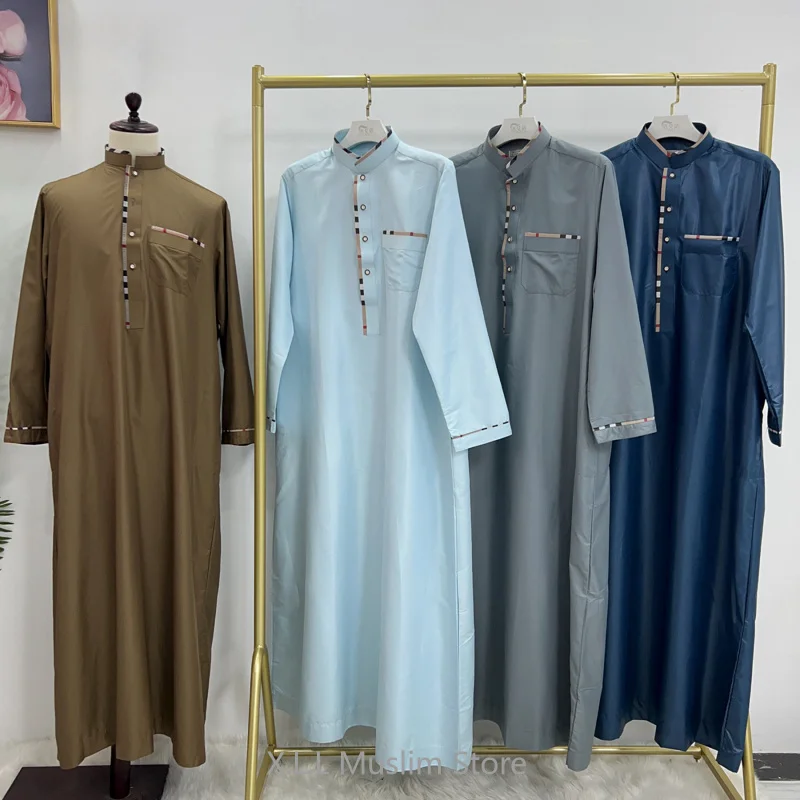 Eid Ramadan Muslim Boy Brown Blue Kebaya Kaftan Man Arab Clothing Men Moroccan Caftan Man Muslim Clothes Leisure Men's Robe